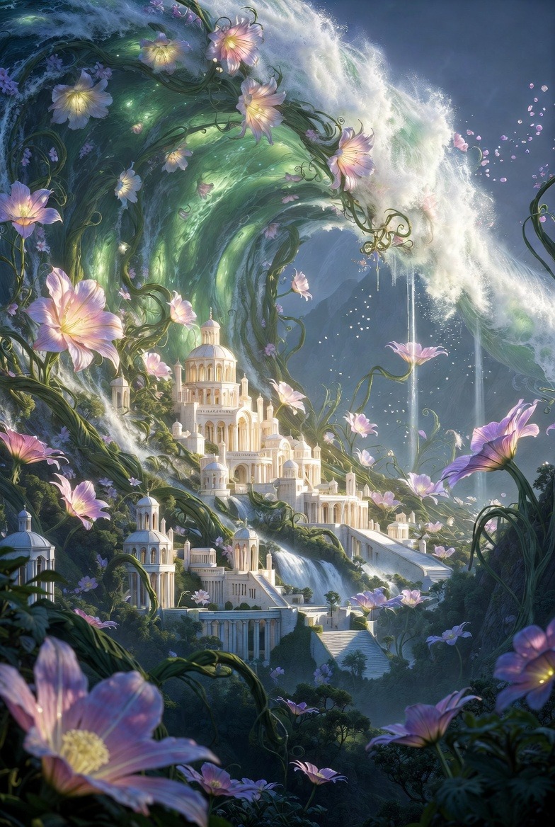 Enchanted Elegance: A Floral Wave Over an Elven City AI prompt preview