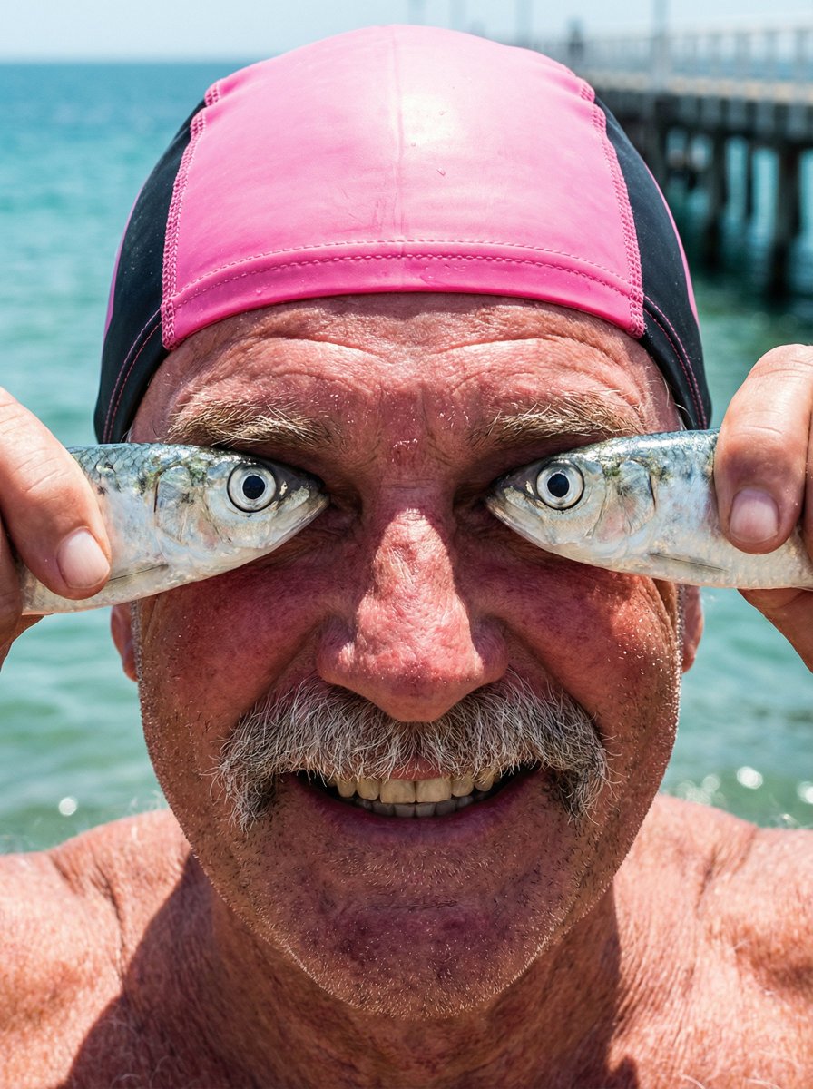 When Fish Eye Meets Human Eye: A Comedic Coastal Portrait AI prompt preview
