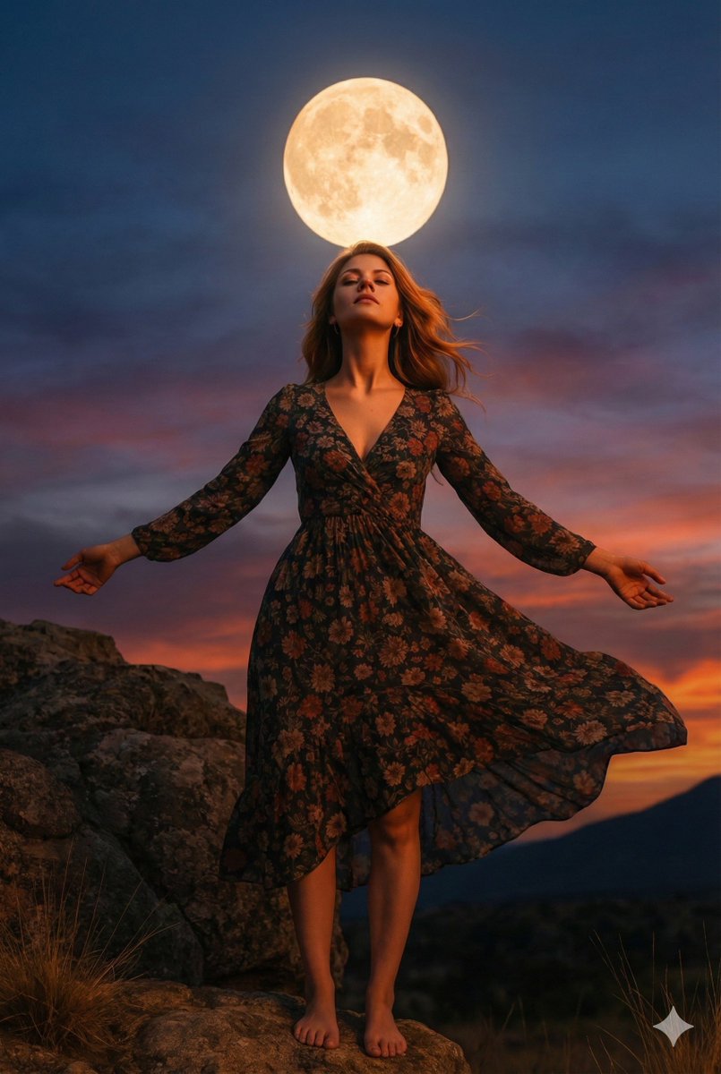 Celestial Serenity: A Daring Portrait at Dusk AI prompt preview