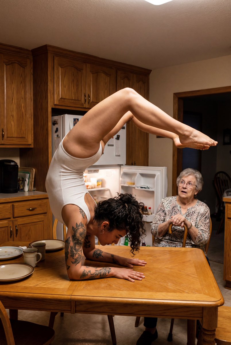 Balancing Life and Laughter: Yoga at the Kitchen Table AI prompt preview