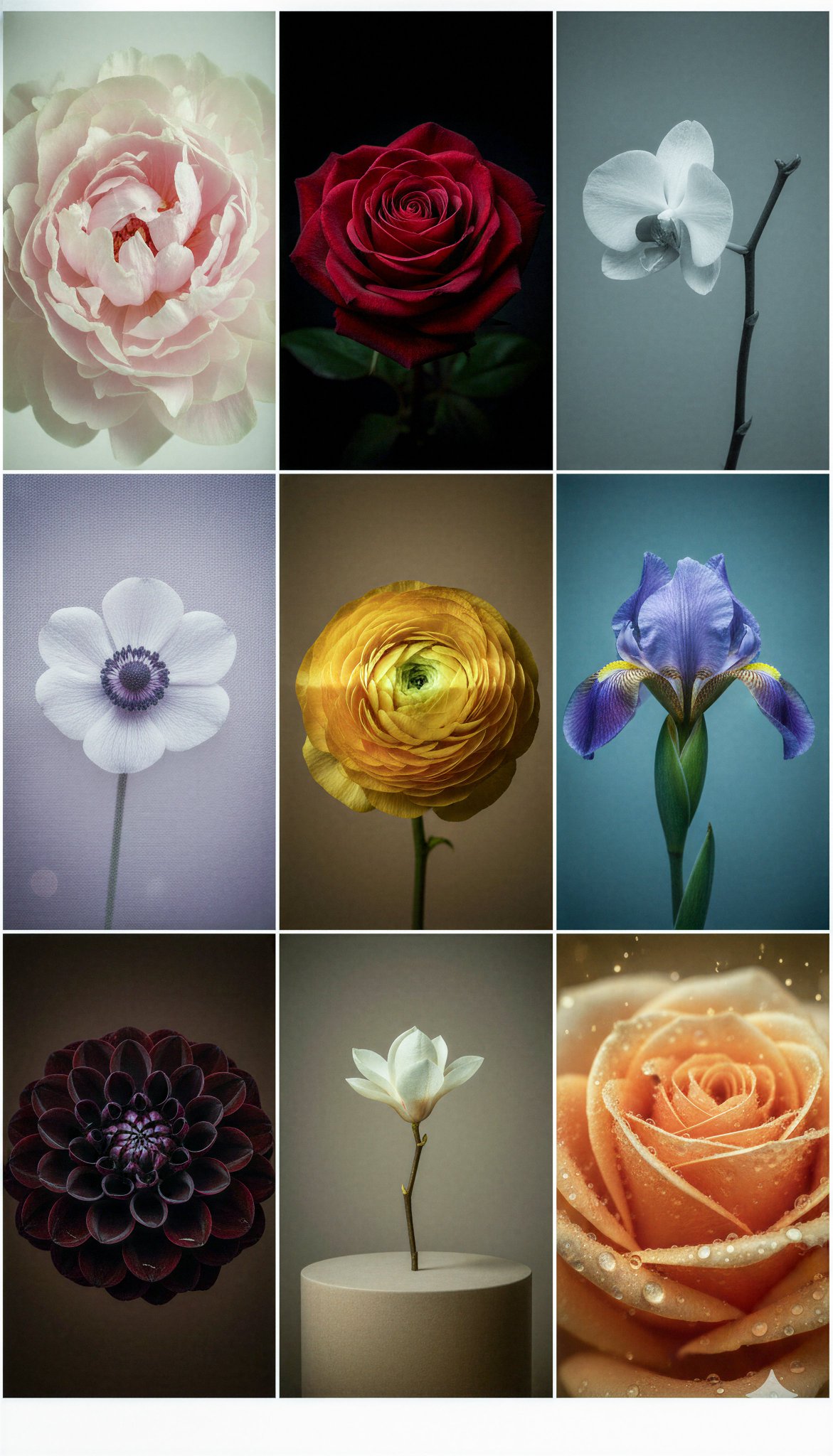 Luxury 3×3 Cinematic Floral Portrait Grid AI prompt preview