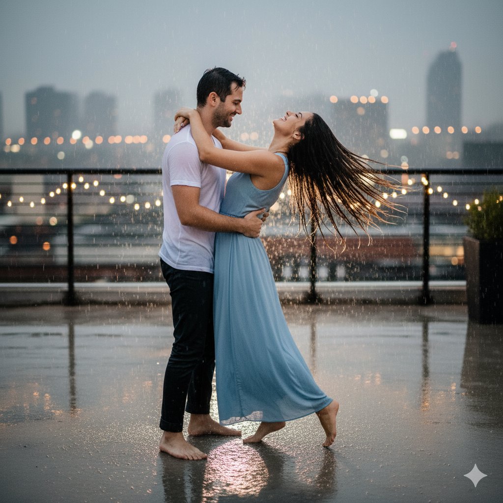 Romantic Raindrops: Love in the City Lights AI prompt preview