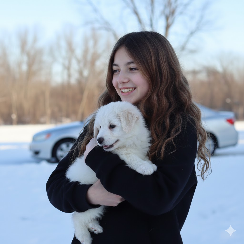 Winter Whimsy: A Girl and Her Puppy in the Snow AI prompt preview