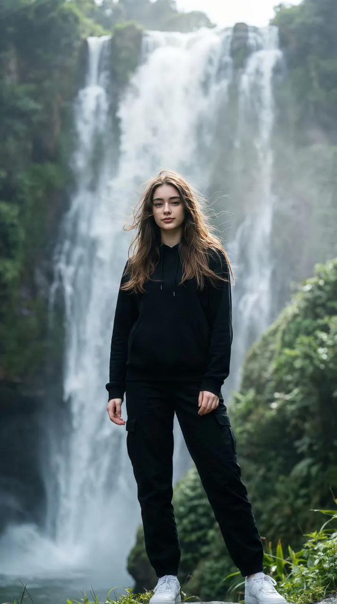 Nature's Power: A Bold Portrait by the Waterfall AI prompt preview