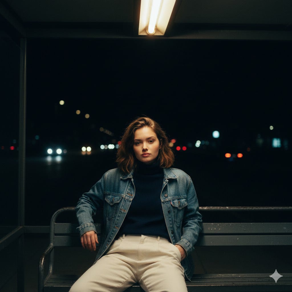 A Moment in Time: Night Thoughts at the Bus Stop AI prompt preview