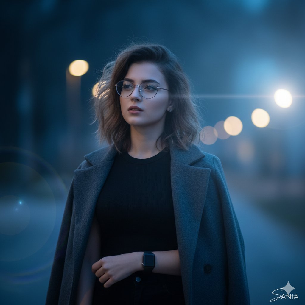 Blue Hour Elegance: A Cinematic Portrait AI prompt preview