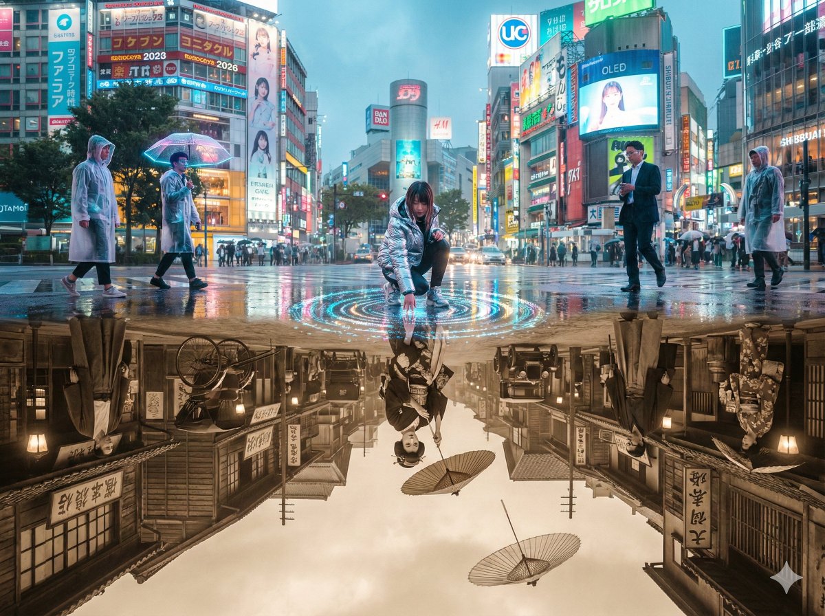Timeless Reflections: Shibuya's Dual Realities Collide AI prompt preview