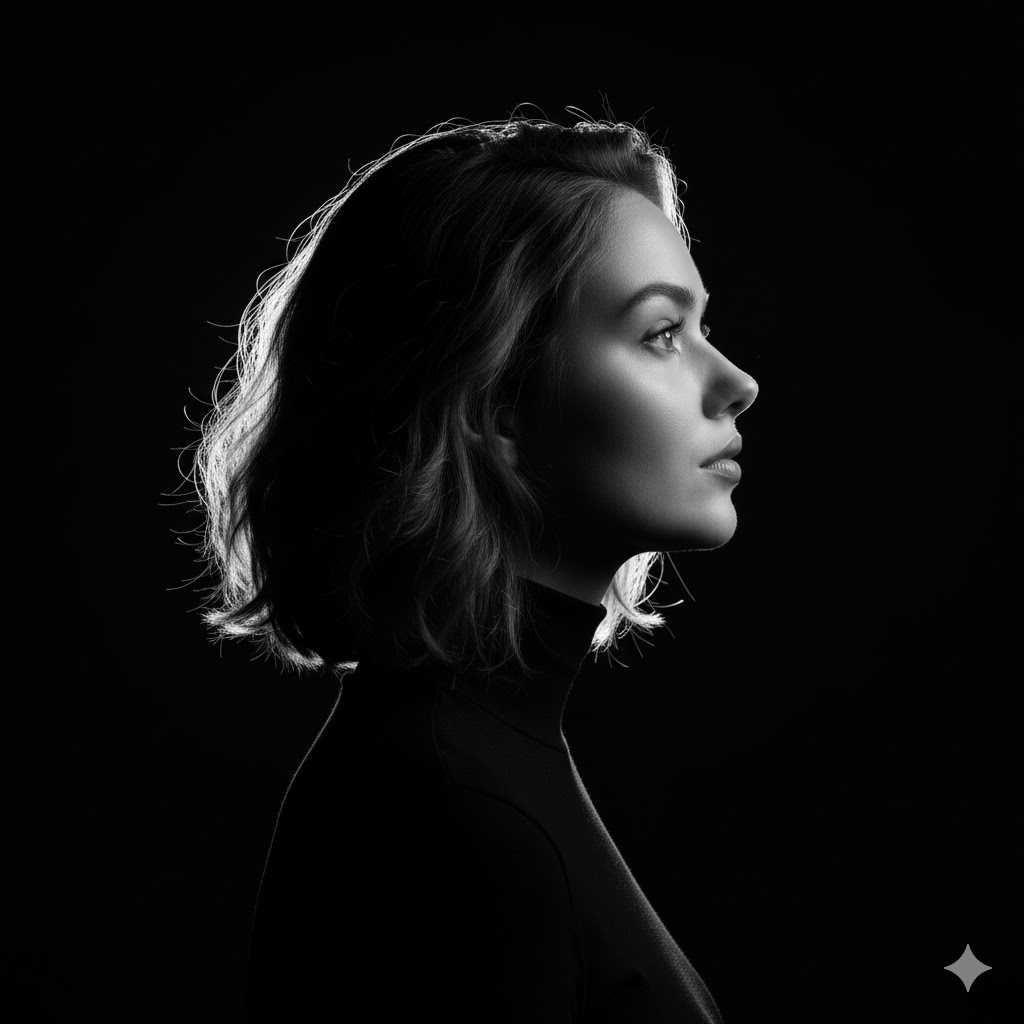 Dramatic Monochrome Side-Profile: A Study in Light and Shadow AI prompt preview