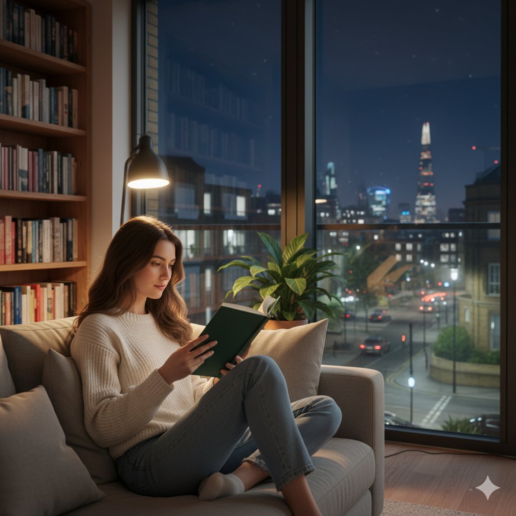 Nighttime Serenity: Reading in London's Cozy Embrace AI prompt preview