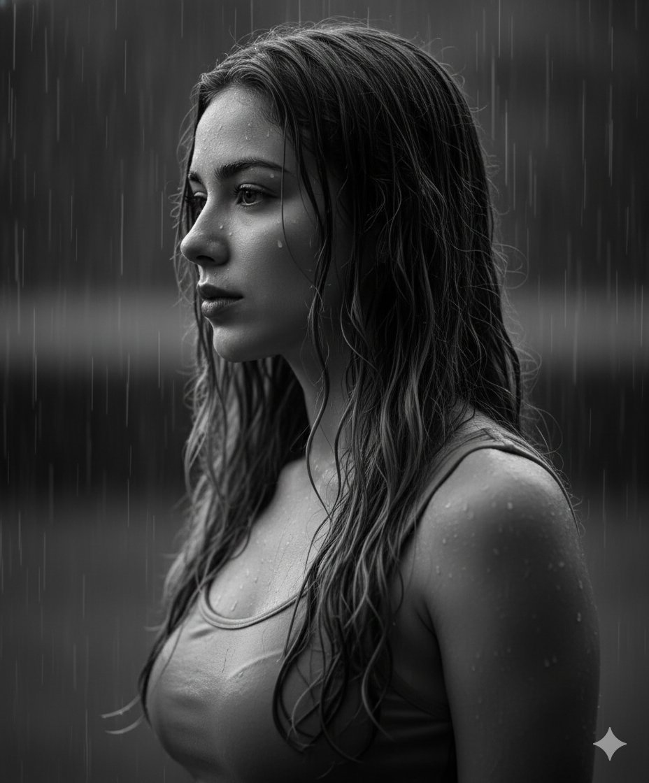 Raindrops and Reflections: A Portrait in Monochrome AI prompt preview