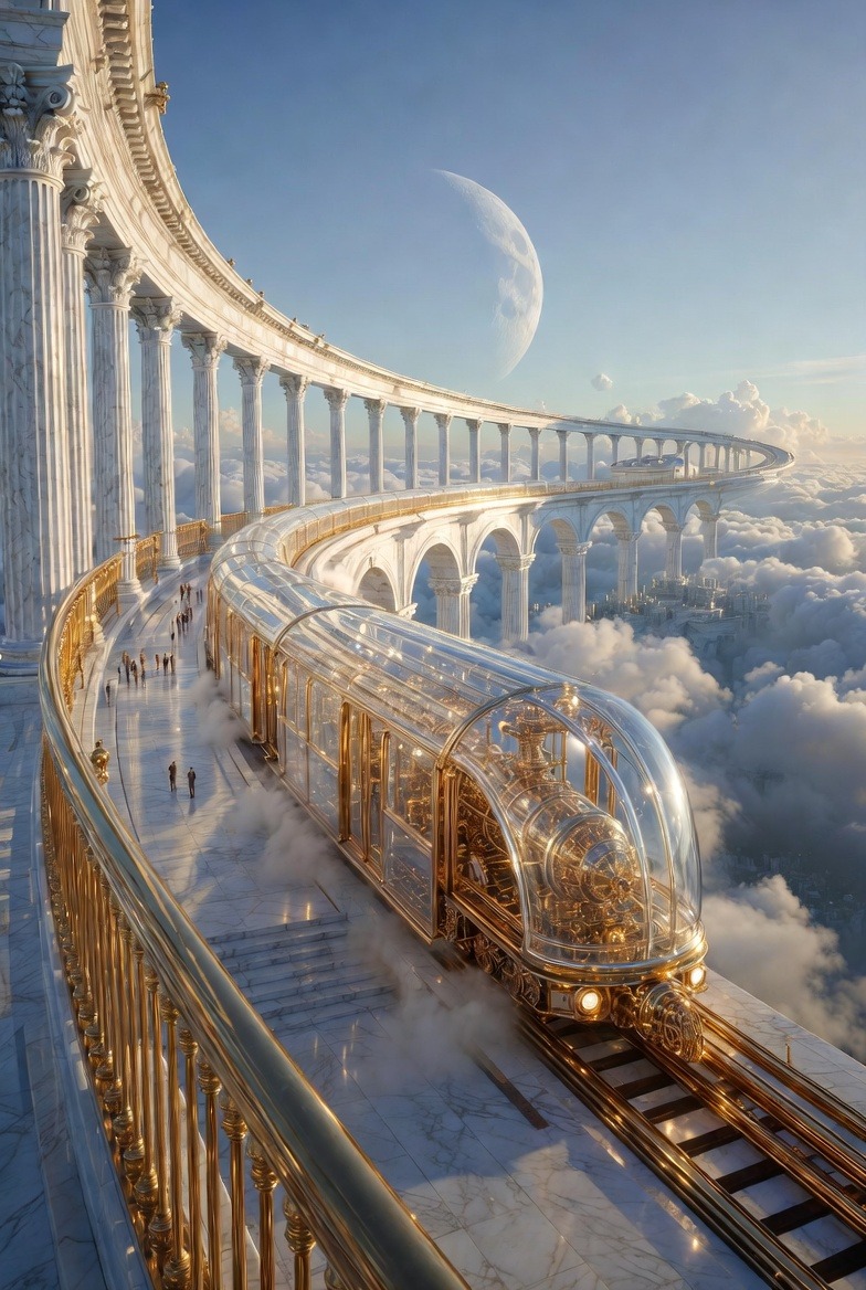Celestial Journeys: The Crystal Train in the Clouds AI prompt preview