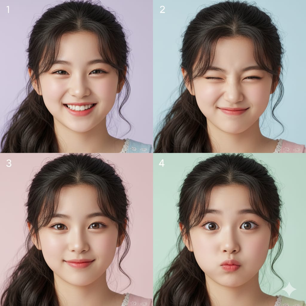 Four Faces of Joy: A Portrait of Pure Charm AI prompt preview