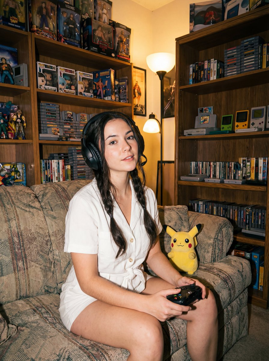 Retro Gamer Vibes: A Nostalgic Portrait in a Gamer's Paradise AI prompt preview