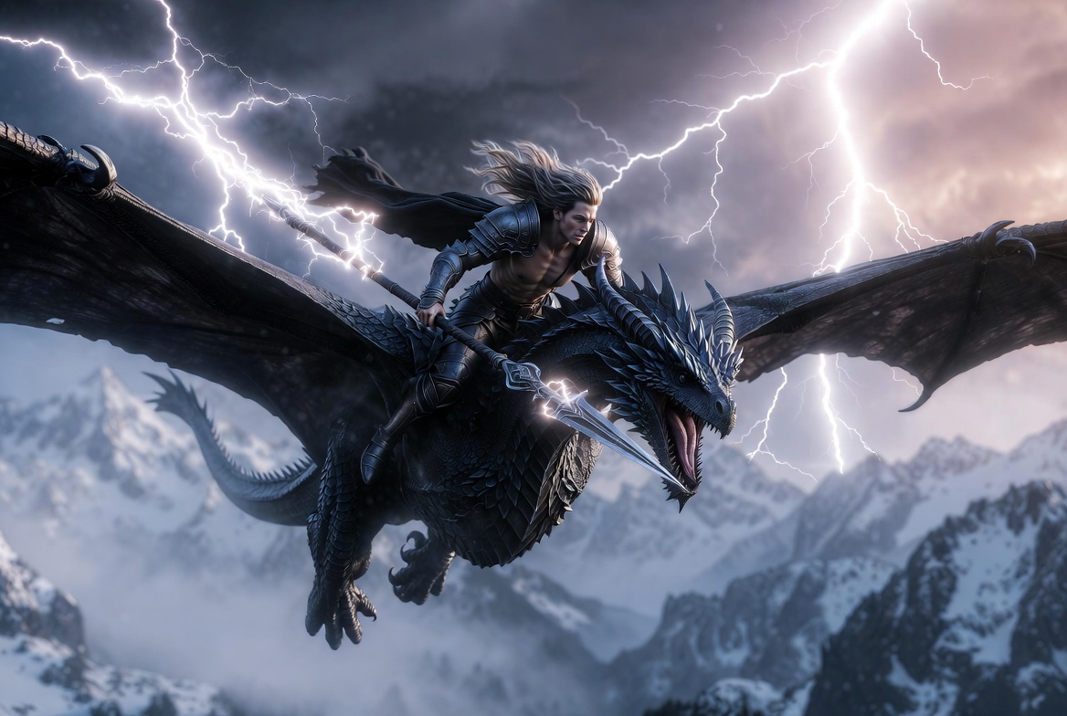 Epic Clash: Knight and Dragon Conquer the Stormy Skies AI prompt preview