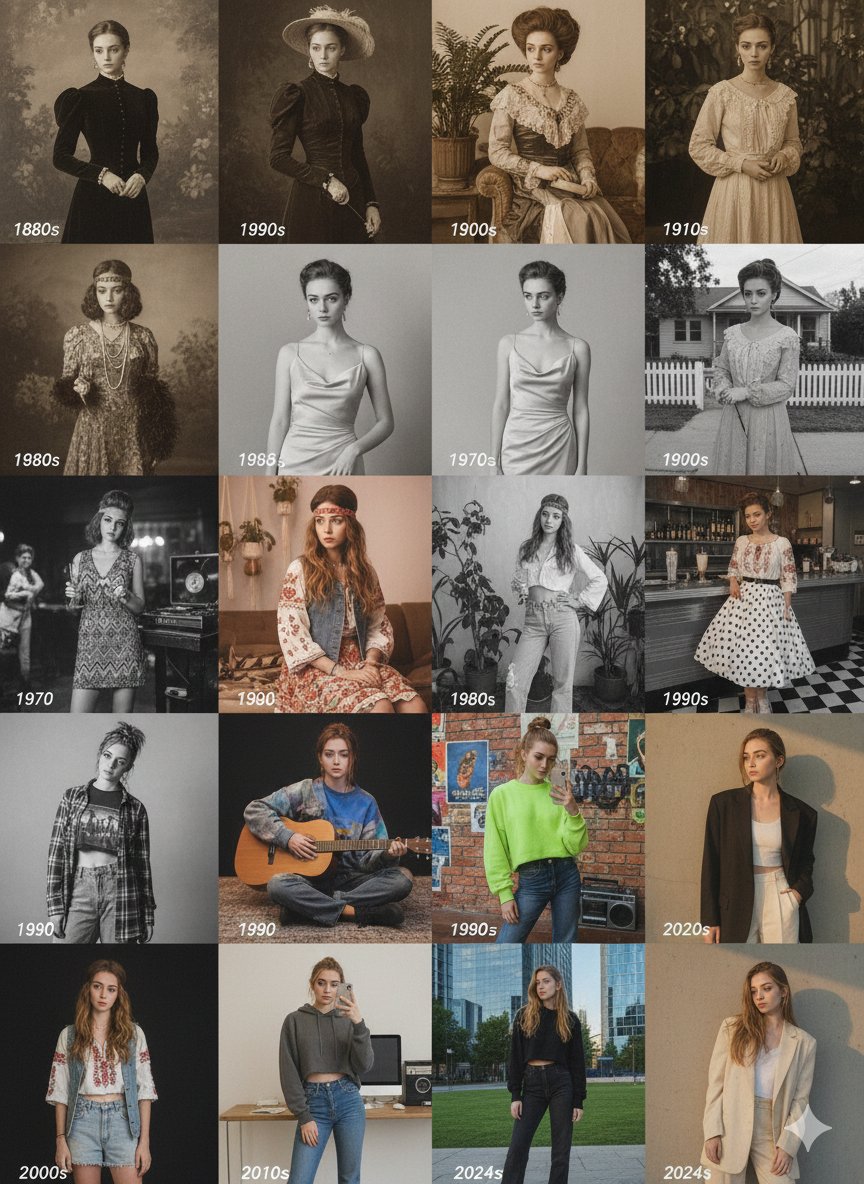 A Timeless Fashion Journey: 16 Eras in One Frame AI prompt preview