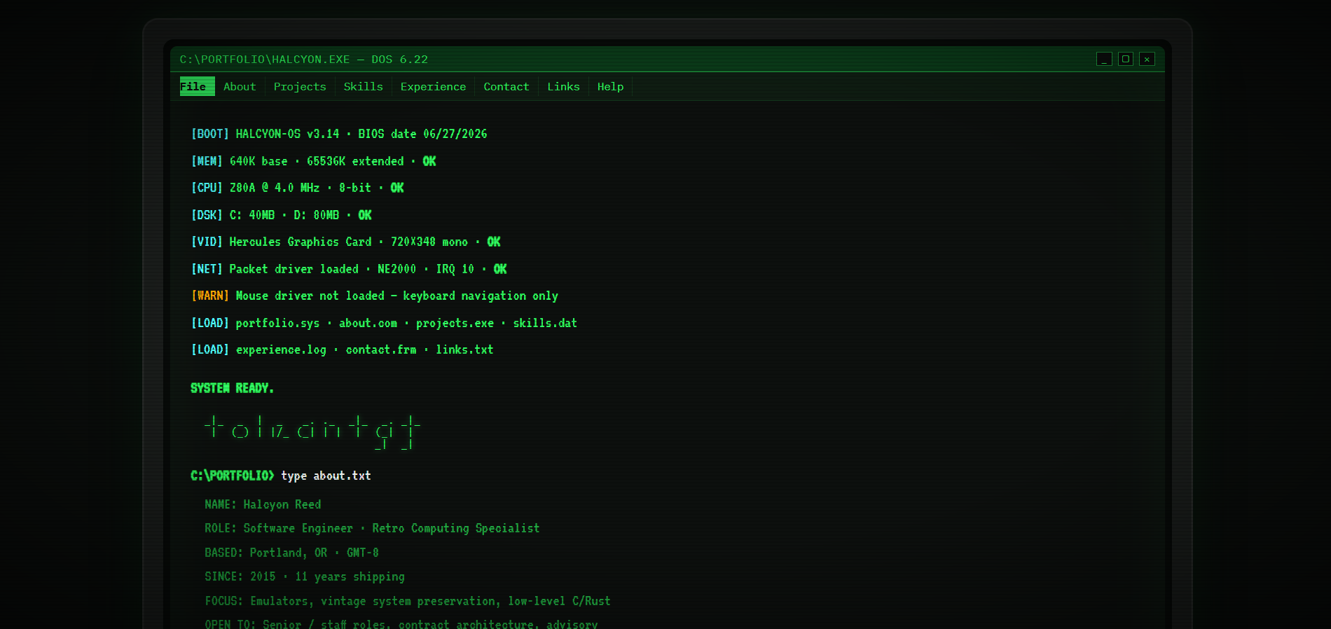 Halcyon Reed - Retro Terminal Portfolio